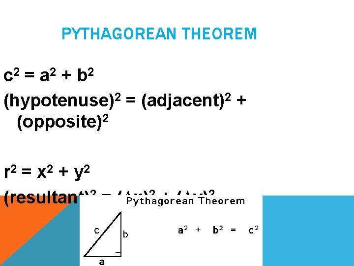 PYTHAGOREAN THEOREM c 2 = a 2 + b 2 (hypotenuse)2 = (adjacent)2 +