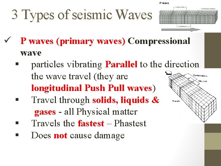 3 Types of seismic Waves ü P waves (primary waves) Compressional wave § particles