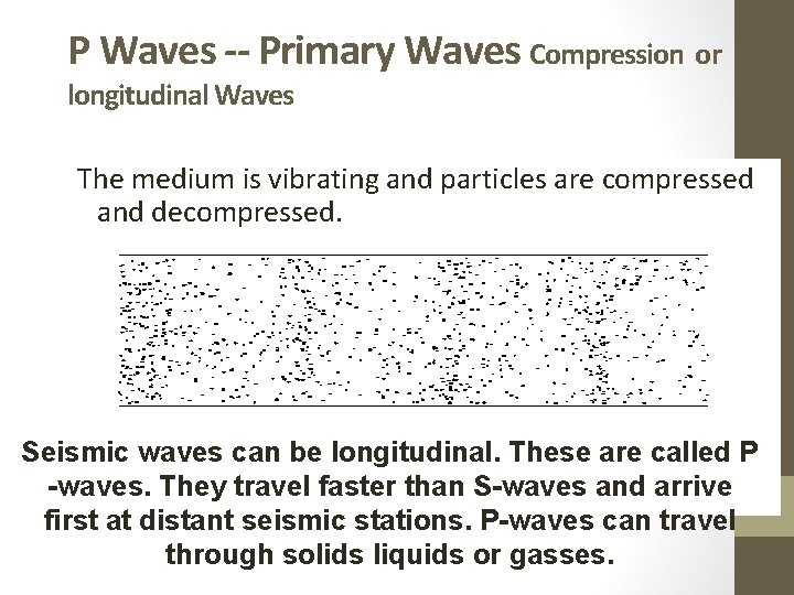 P Waves -- Primary Waves Compression or longitudinal Waves The medium is vibrating and