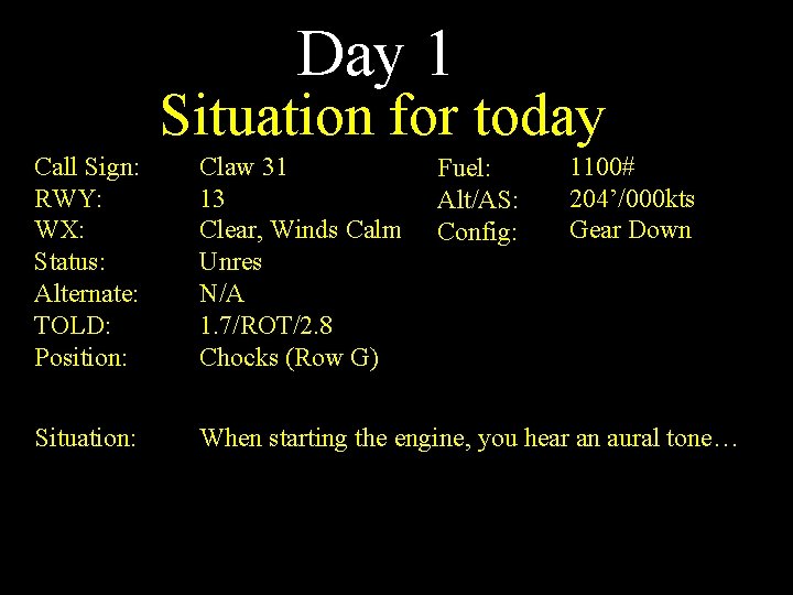 Day 1 Situation for today Call Sign: RWY: WX: Status: Alternate: TOLD: Position: Claw