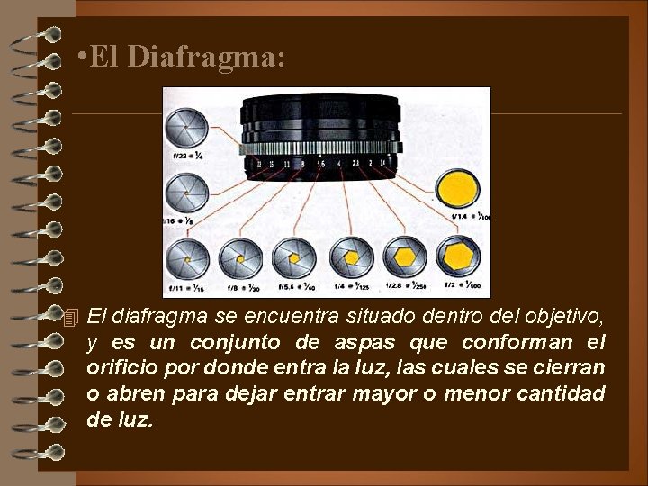  • El Diafragma: 4 El diafragma se encuentra situado dentro del objetivo, y