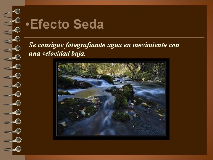  • Efecto Seda Se consigue fotografiando agua en movimiento con una velocidad baja.