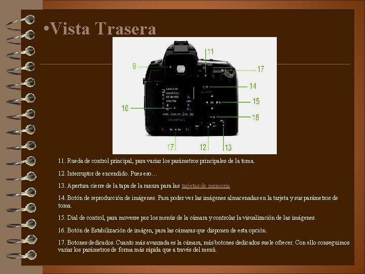  • Vista Trasera 11. Rueda de control principal, para variar los parámetros principales