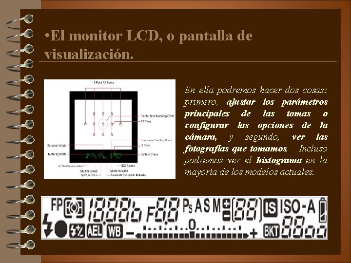  • El monitor LCD, o pantalla de visualización. En ella podremos hacer dos
