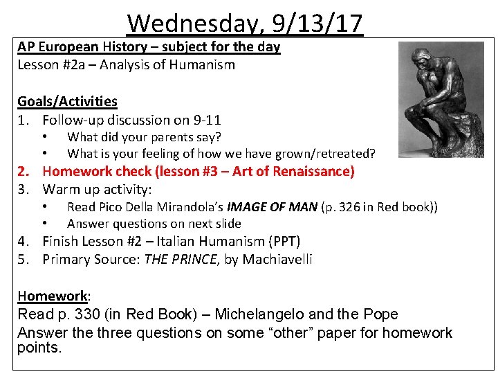 Wednesday, 9/13/17 AP European History – subject for the day Lesson #2 a –