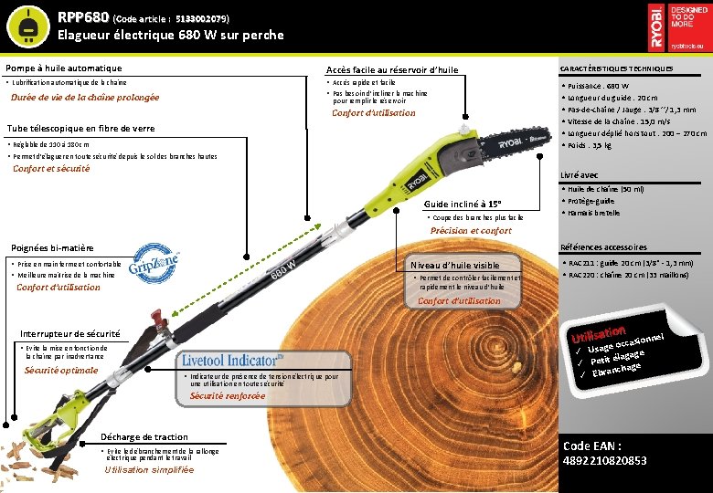 RPP 680 (Code article : 5133002079) Elagueur électrique 680 W sur perche Pompe à