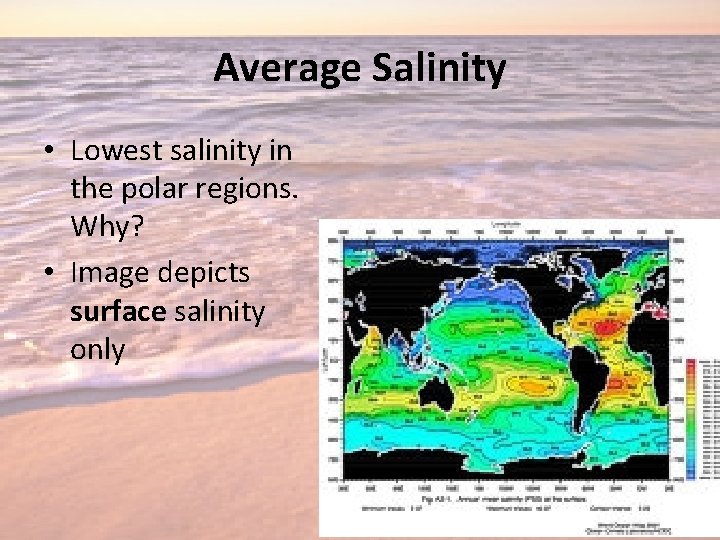 Average Salinity • Lowest salinity in the polar regions. Why? • Image depicts surface