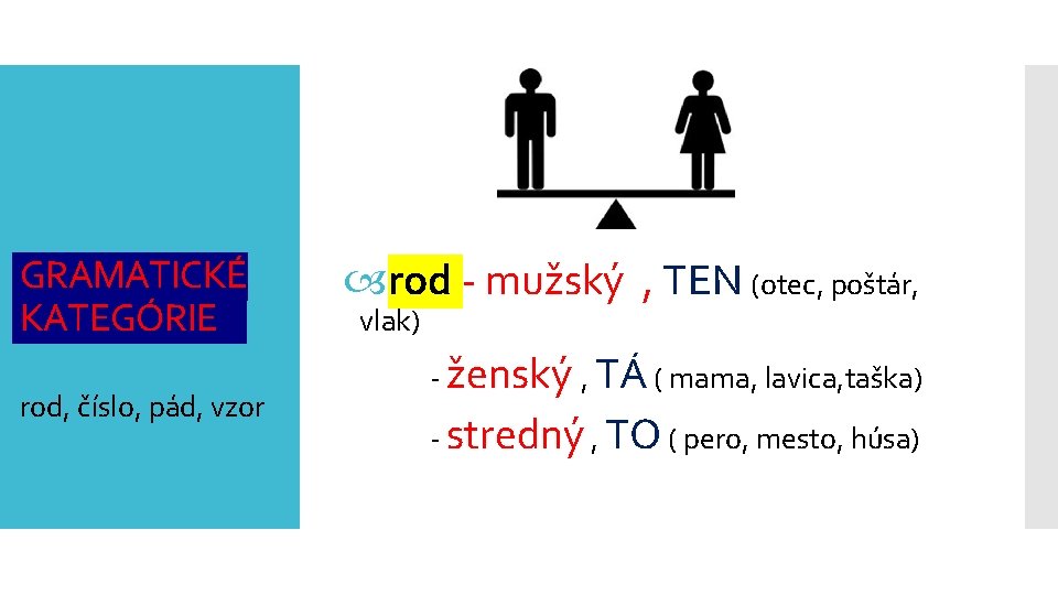 GRAMATICKÉ KATEGÓRIE rod, číslo, pád, vzor rod - mužský , TEN (otec, poštár, vlak)