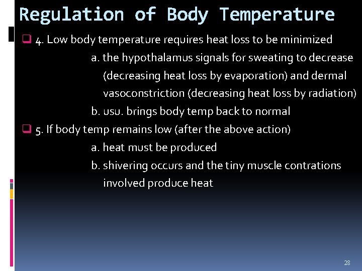 Regulation of Body Temperature q 4. Low body temperature requires heat loss to be