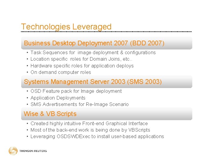 Technologies Leveraged Business Desktop Deployment 2007 (BDD 2007) • • Task Sequences for image