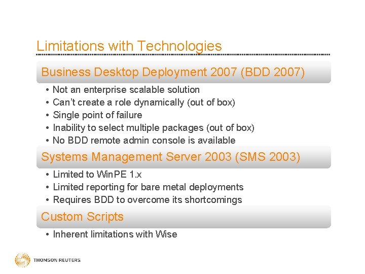 Limitations with Technologies Business Desktop Deployment 2007 (BDD 2007) • • • Not an