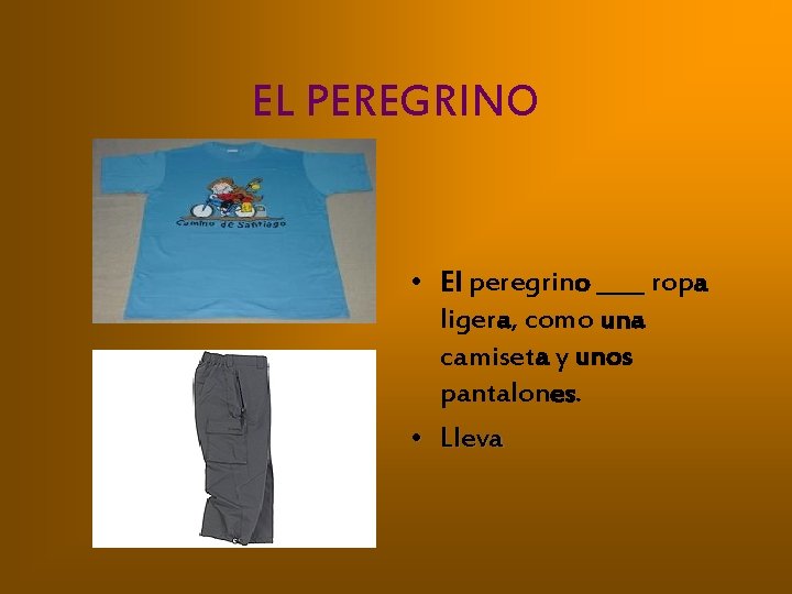 EL PEREGRINO • El peregrino ____ ropa ligera, como una camiseta y unos pantalones.