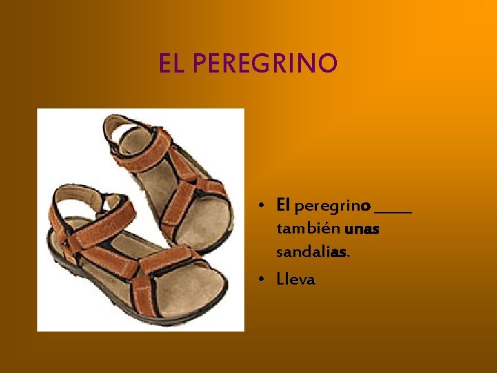 EL PEREGRINO • El peregrino _____ también unas sandalias. • Lleva 