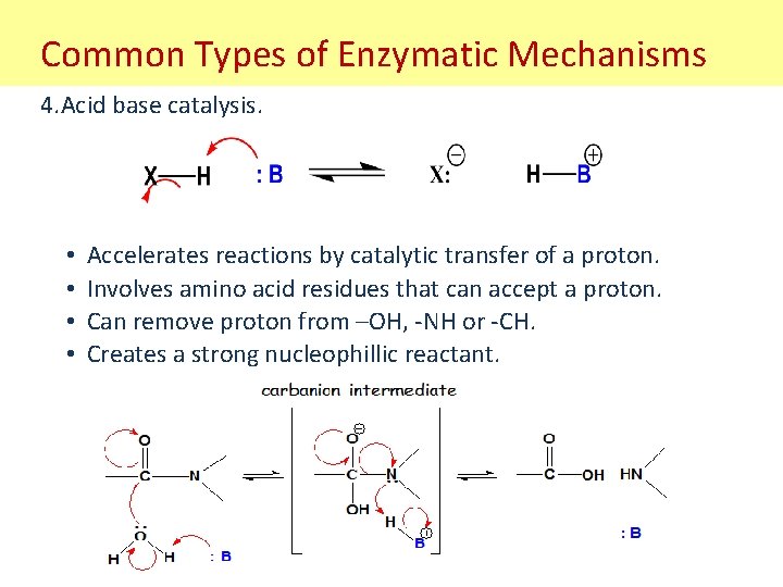 Common Types of Enzymatic Mechanisms 4. Acid base catalysis. • • Accelerates reactions by