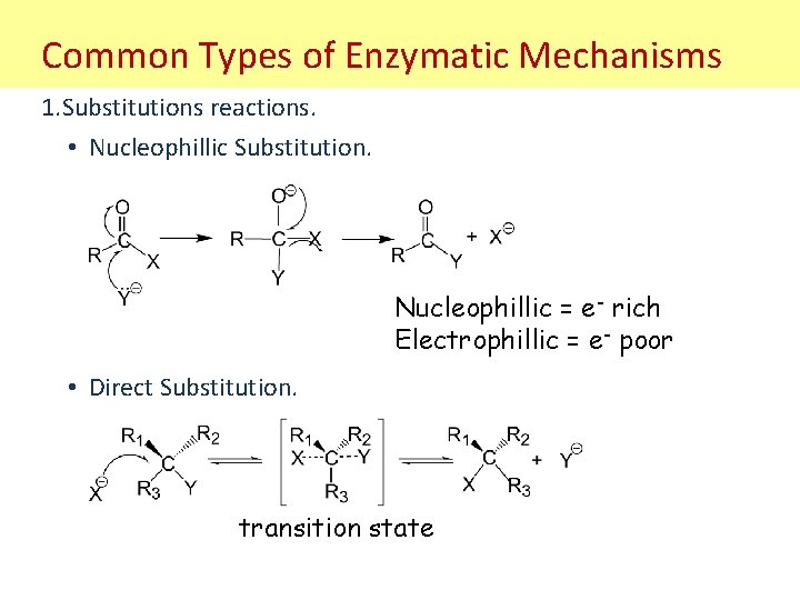 Common Types of Enzymatic Mechanisms 1. Substitutions reactions. • Nucleophillic Substitution. Nucleophillic = e-