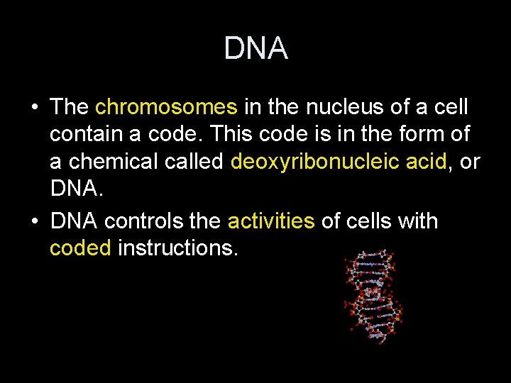 DNA • The chromosomes in the nucleus of a cell contain a code. This