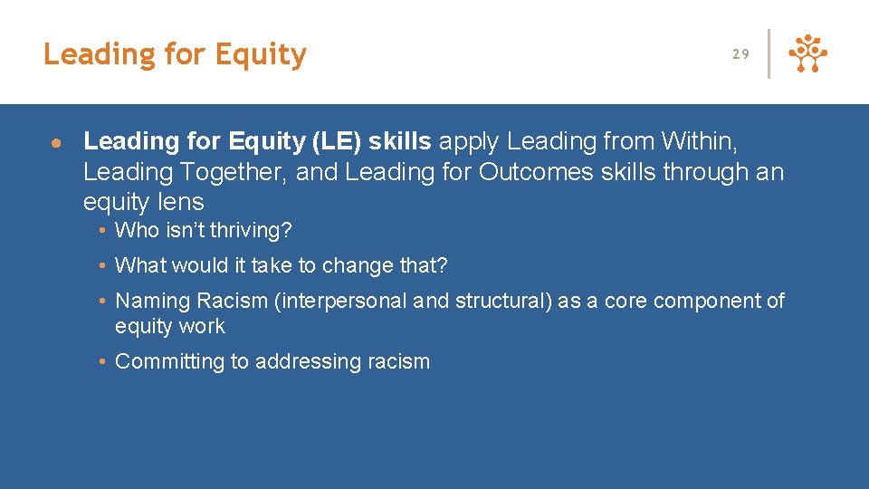 Leading for Equity 29 ● Leading for Equity (LE) skills apply Leading from Within,