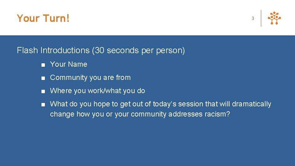 Your Turn! 3 Flash Introductions (30 seconds person) ■ Your Name ■ Community you