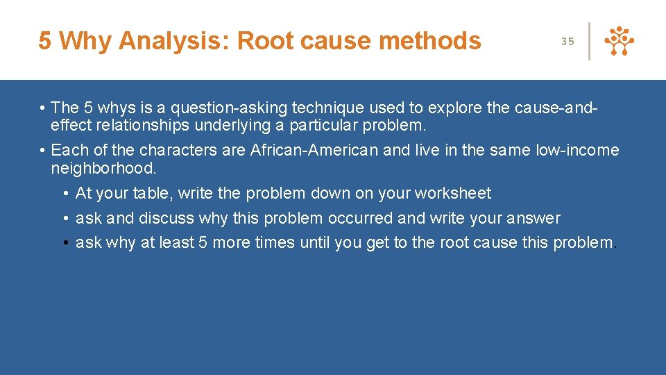 5 Why Analysis: Root cause methods 35 • The 5 whys is a question-asking