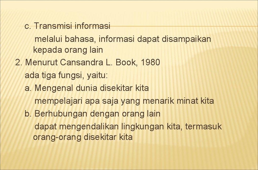 c. Transmisi informasi melalui bahasa, informasi dapat disampaikan kepada orang lain 2. Menurut Cansandra