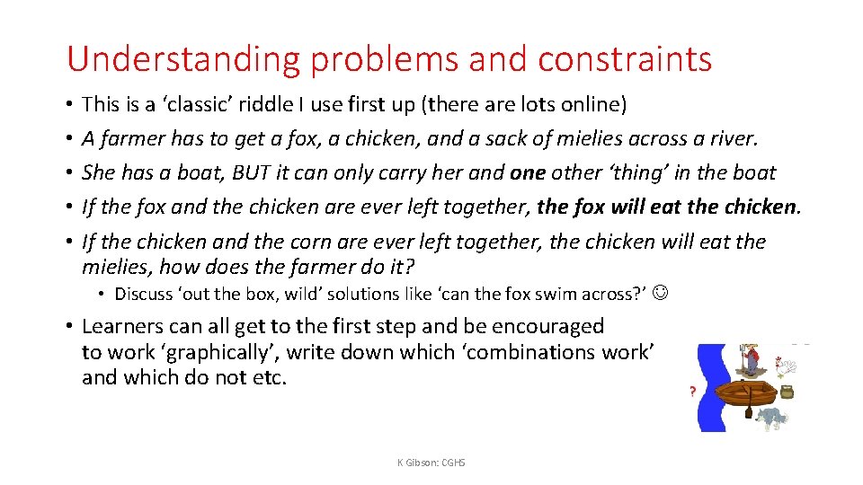 Understanding problems and constraints • • • This is a ‘classic’ riddle I use