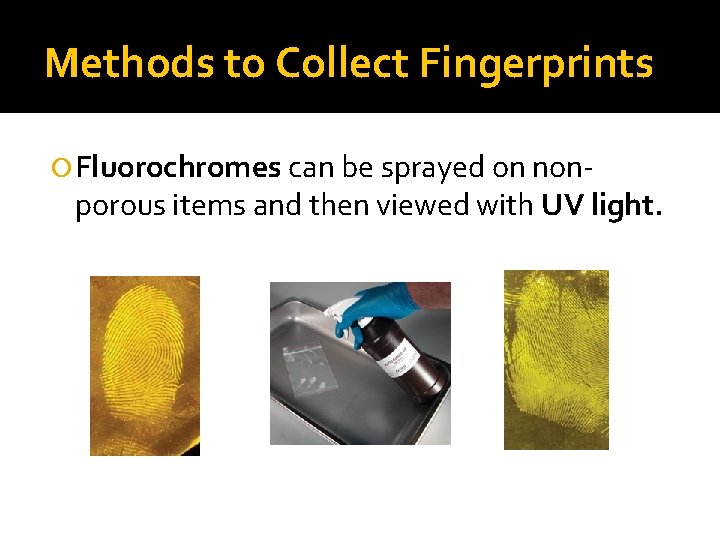 Methods to Collect Fingerprints Fluorochromes can be sprayed on non- porous items and then