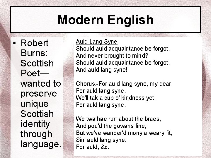 Modern English • Robert Burns: Scottish Poet— wanted to preserve unique Scottish identity through