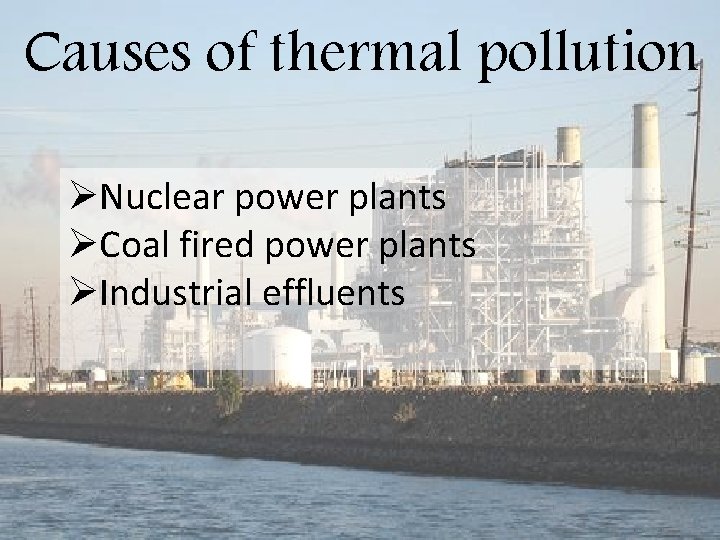 Causes of thermal pollution ØNuclear power plants ØCoal fired power plants ØIndustrial effluents 