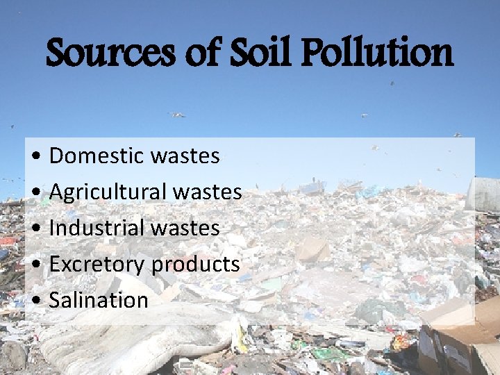 Sources of Soil Pollution • Domestic wastes • Agricultural wastes • Industrial wastes •
