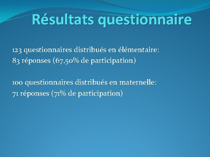Résultats questionnaire 123 questionnaires distribués en élémentaire: 83 réponses (67, 50% de participation) 100