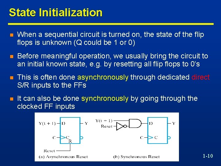 State Initialization n When a sequential circuit is turned on, the state of the