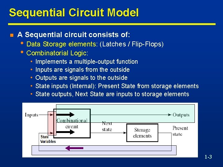 Sequential Circuit Model n A Sequential circuit consists of: • Data Storage elements: (Latches