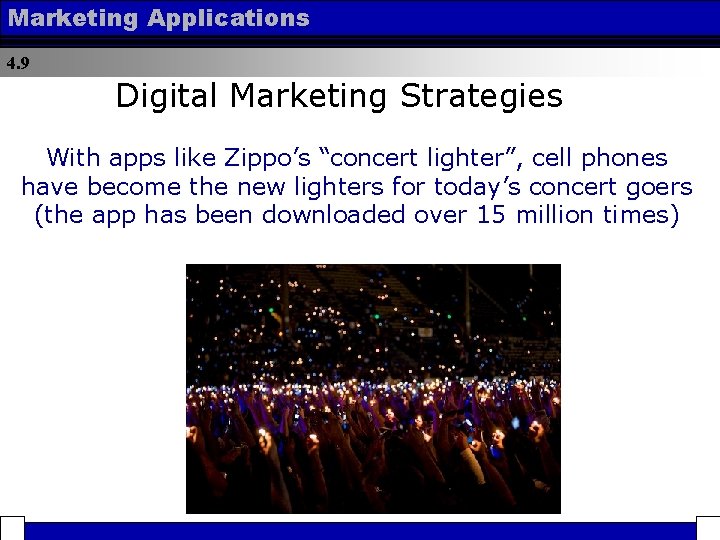 Marketing Applications 4. 9 Digital Marketing Strategies With apps like Zippo’s “concert lighter”, cell