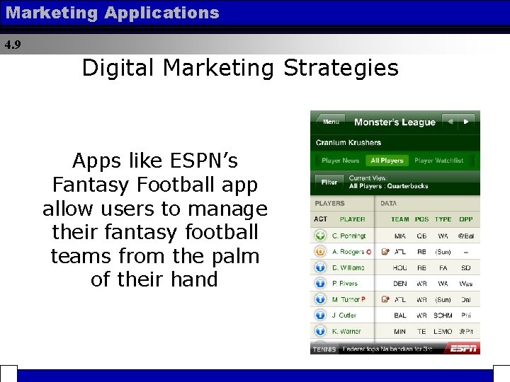 Marketing Applications 4. 9 Digital Marketing Strategies Apps like ESPN’s Fantasy Football app allow