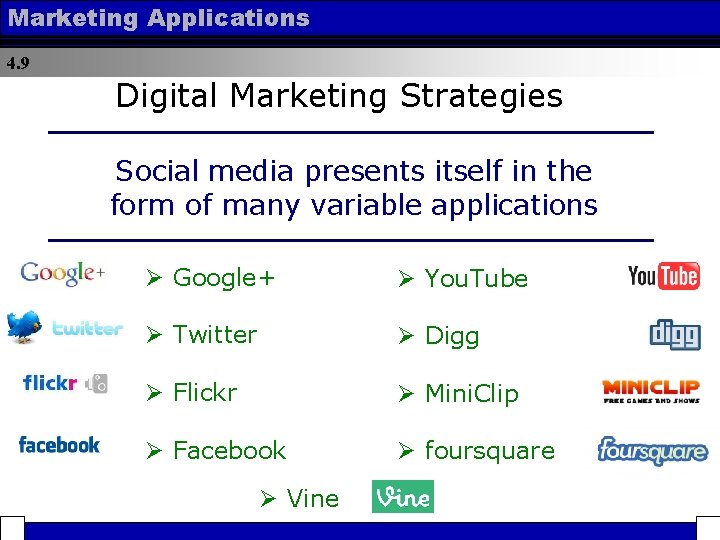 Marketing Applications 4. 9 Digital Marketing Strategies Social media presents itself in the form