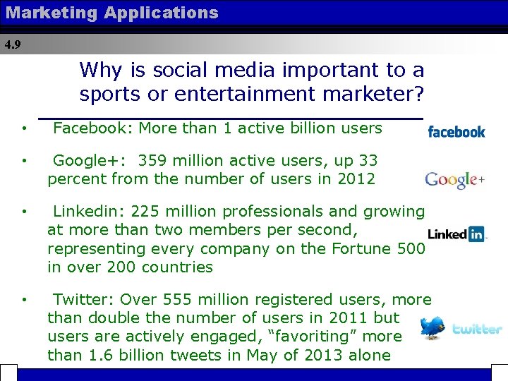 Marketing Applications 4. 9 Why is social media important to a sports or entertainment