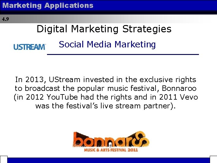 Marketing Applications 4. 9 Digital Marketing Strategies Social Media Marketing In 2013, UStream invested