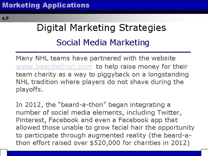 Marketing Applications 4. 9 Digital Marketing Strategies Social Media Marketing Many NHL teams have
