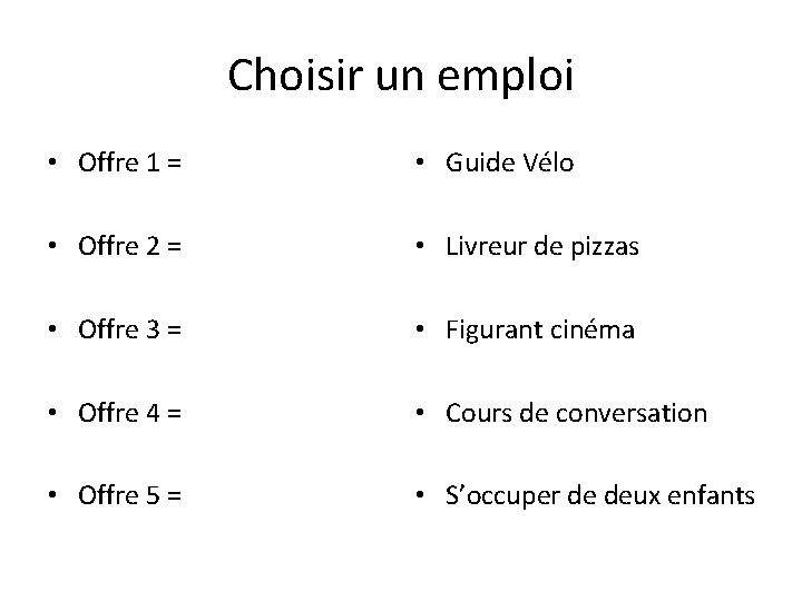 Choisir un emploi • Offre 1 = • Guide Vélo • Offre 2 =
