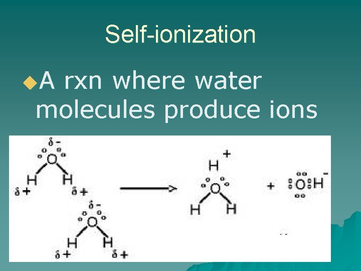 Self-ionization u. A rxn where water molecules produce ions 