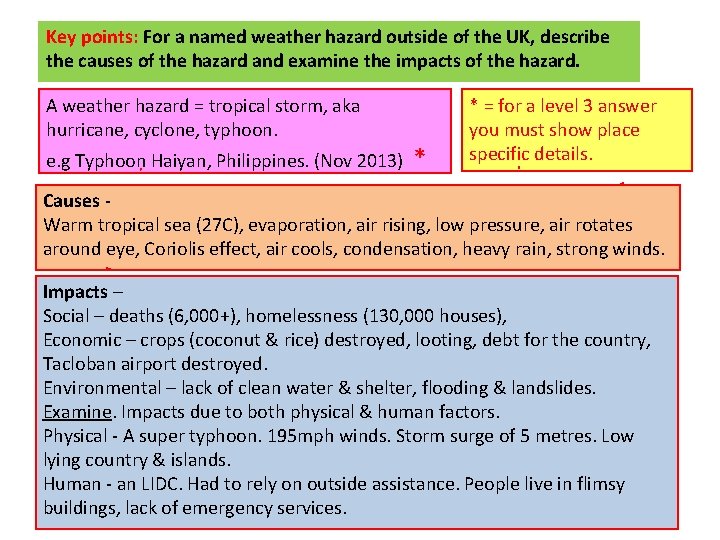 Key points: For a named weather hazard outside of the UK, describe the causes