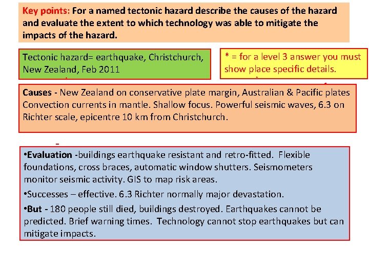 Key points: For a named tectonic hazard describe the causes of the hazard and