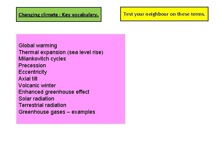 Changing climate : Key vocabulary. Global warming Thermal expansion (sea level rise) Milankovitch cycles