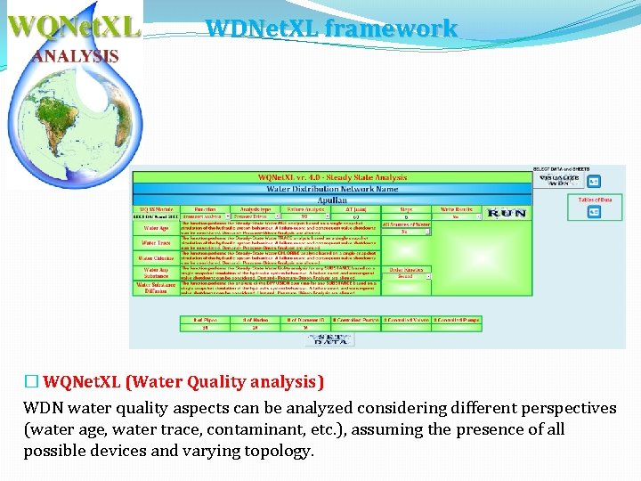 WDNet. XL framework � WQNet. XL (Water Quality analysis) WDN water quality aspects can