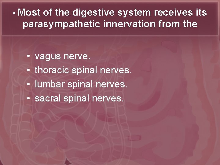  • Most of the digestive system receives its parasympathetic innervation from the •