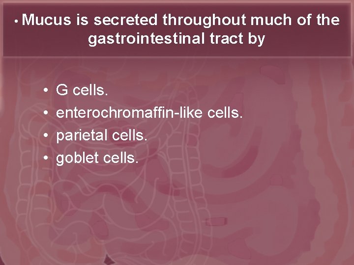  • Mucus • • is secreted throughout much of the gastrointestinal tract by