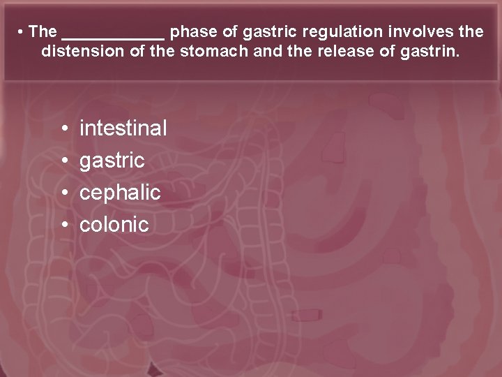  • The ______ phase of gastric regulation involves the distension of the stomach