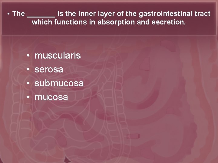  • The _______ is the inner layer of the gastrointestinal tract which functions