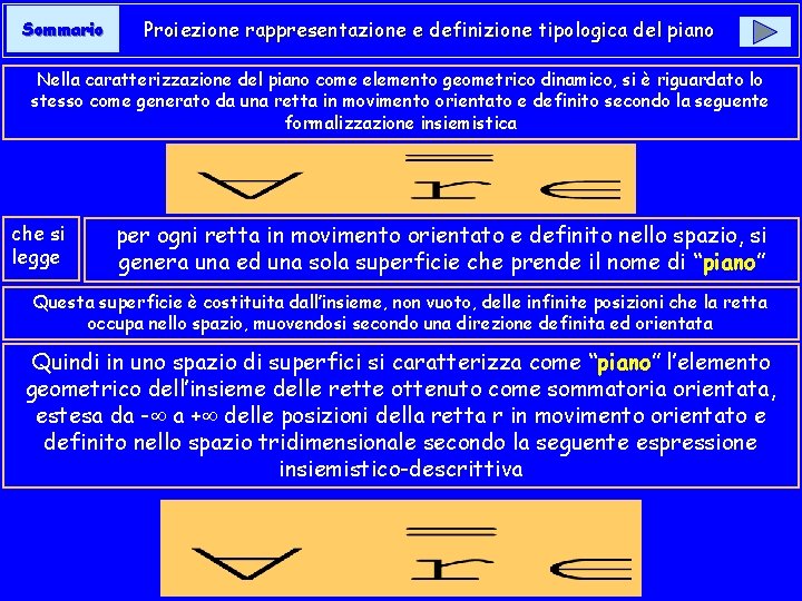 Sommario Proiezione rappresentazione e definizione tipologica del piano Nella caratterizzazione del piano come elemento