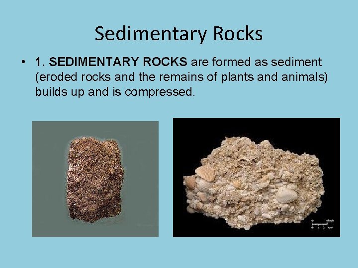 Sedimentary Rocks • 1. SEDIMENTARY ROCKS are formed as sediment (eroded rocks and the Sedimentary Rocks • 1. SEDIMENTARY ROCKS are formed as sediment (eroded rocks and the